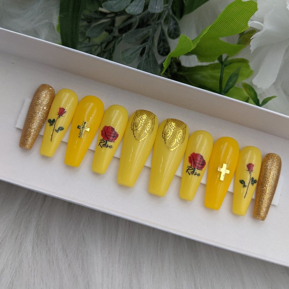 Yellow & Gold Press On Nails Red Rose Long Coffin Fake Nails